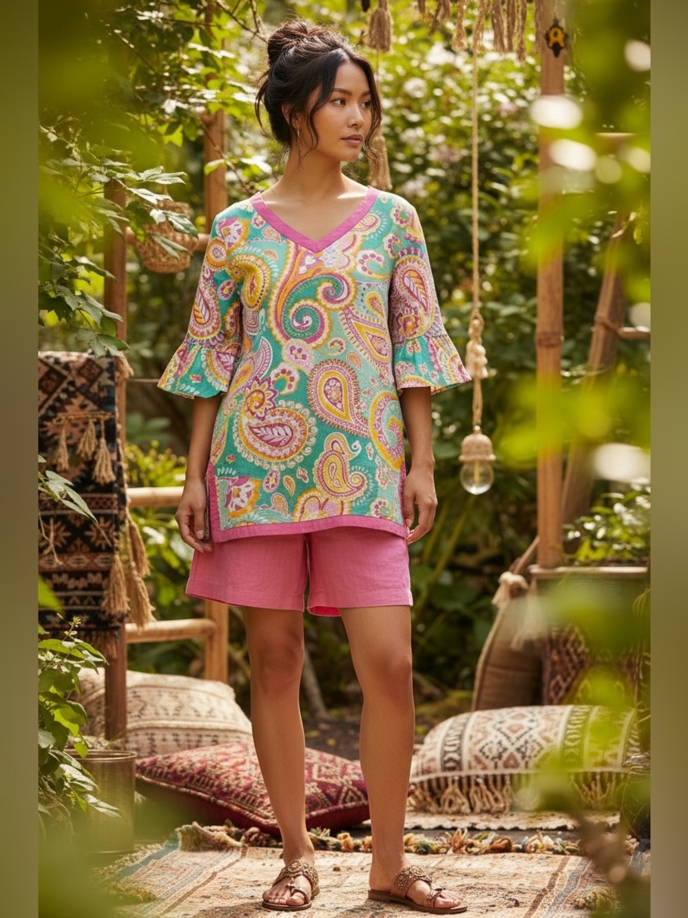 WB Paisley Cotton Tunic Top M Aqua Pink Yellow V Neck Bell Sleeve Boho Preppy